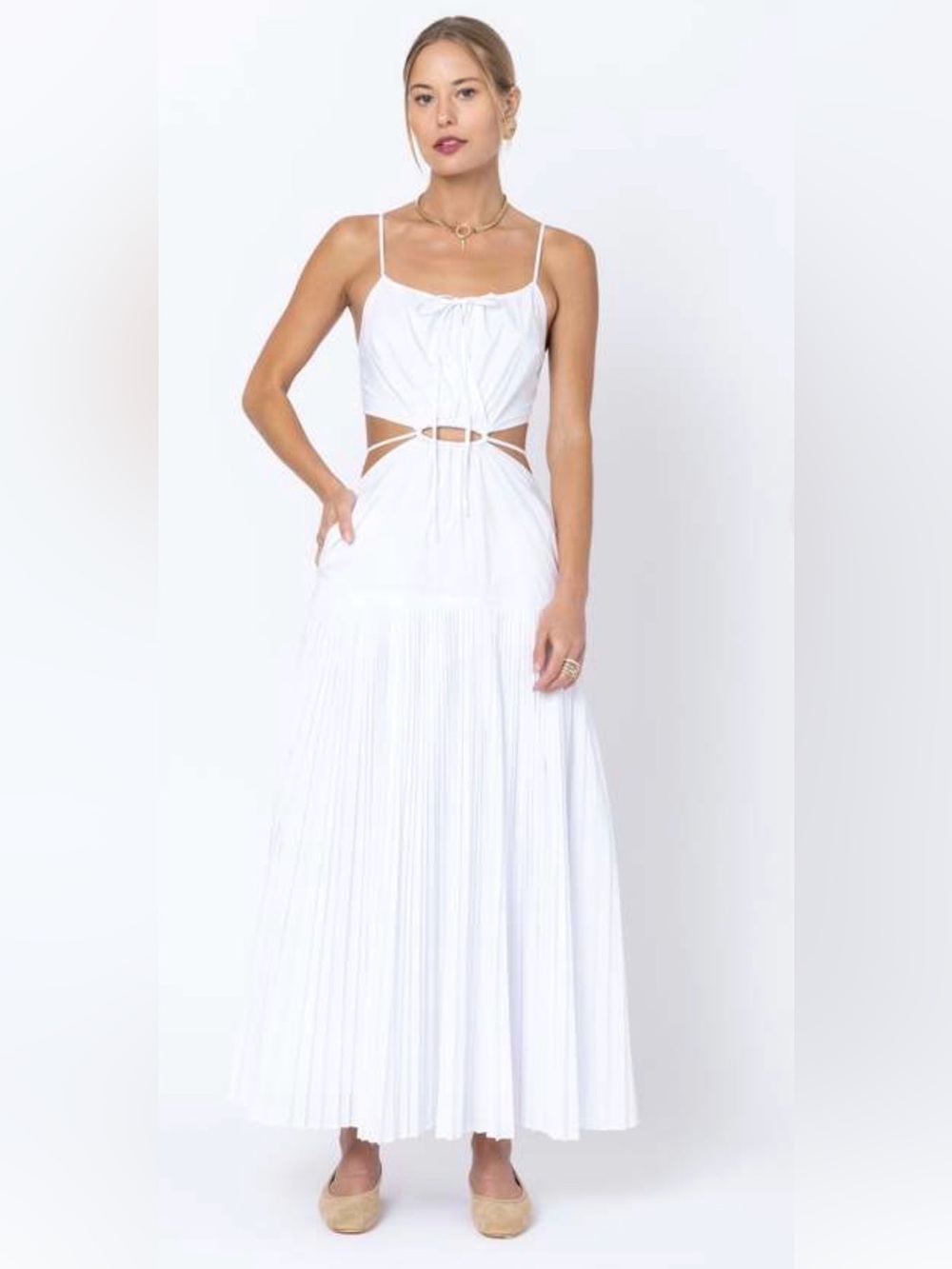Jonathan Simkhai White Smocked Bodice/pleated Maxi Dress with Tie Straps
